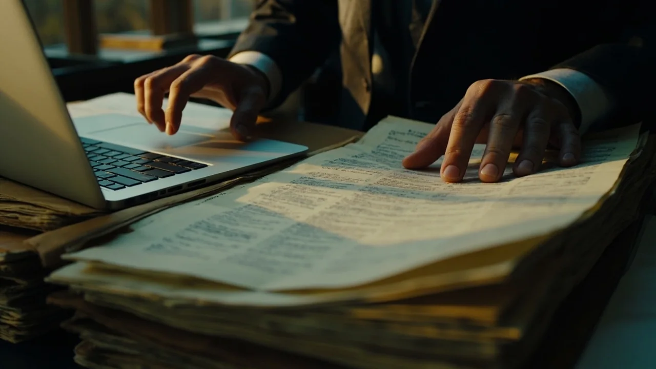 A desk with a corporate registry book open, illustrating company research.