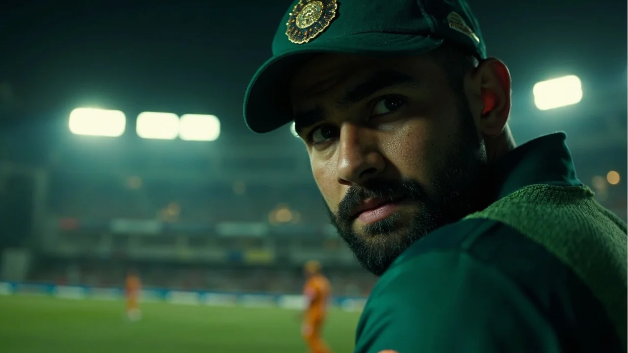 A Gujarat Titans batter drives through the off side during the IPL 2026 final, the ball leaving the bat under the stadium lights.