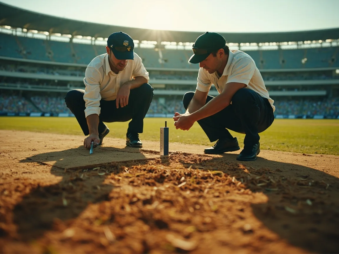 A groundskeeper and pitch analyst inspecting the central strip before an evening IPL fixture.