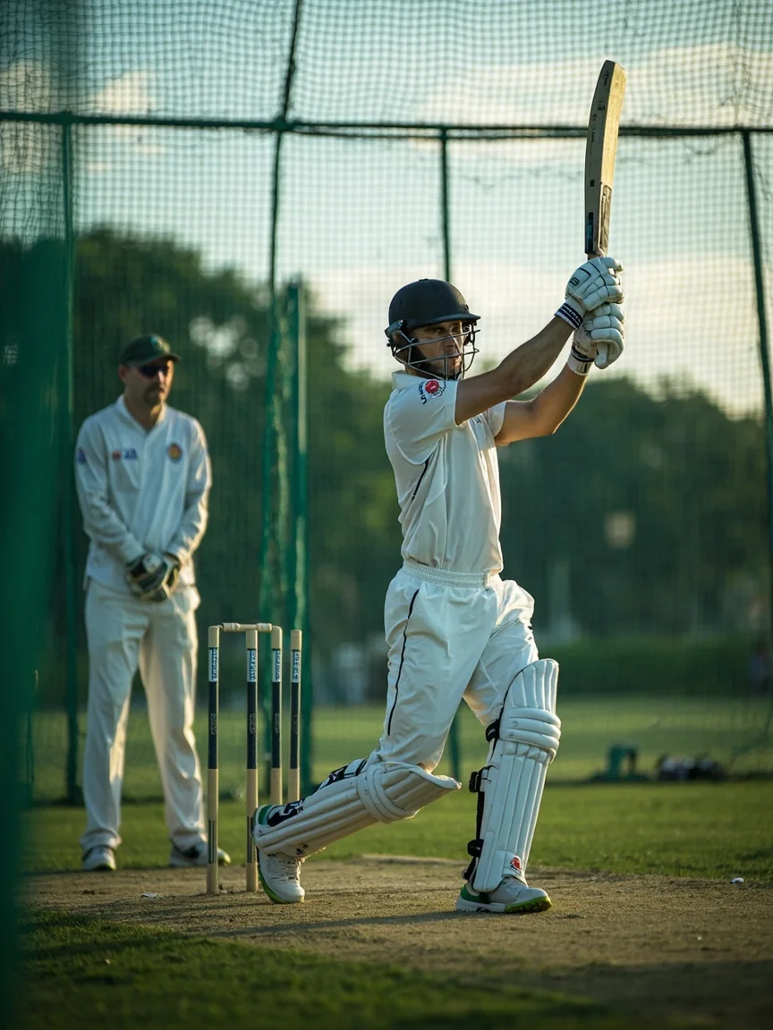 A batter working through a net session at twilight under coach observation.