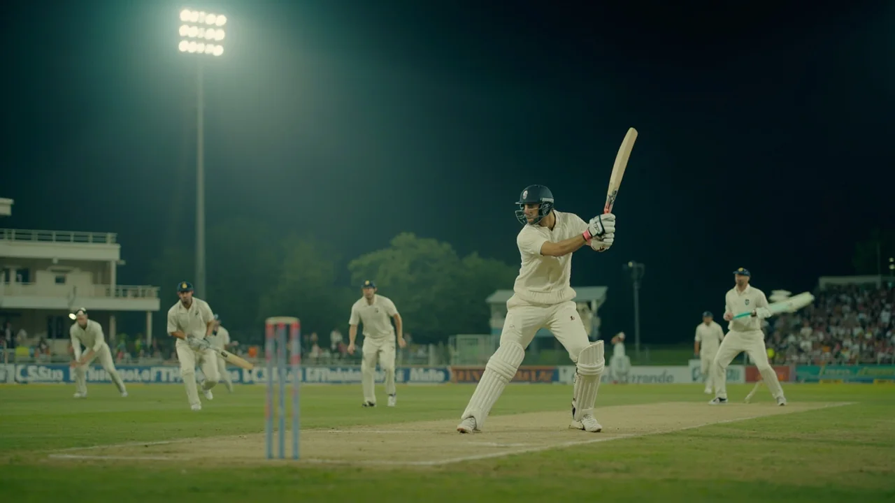 Boundary-side view of a cricket match under floodlights with a notepad and pen in the foreground.