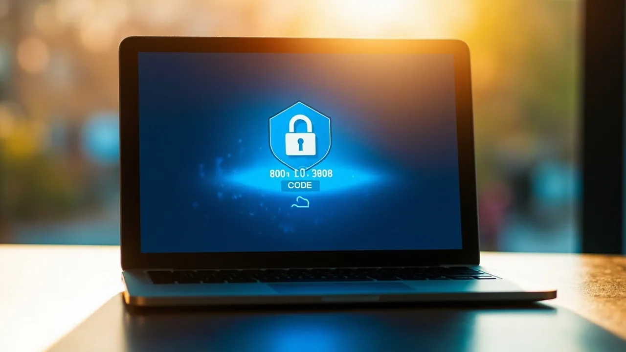 A laptop with a lock icon and a password field, illustrating login safety.