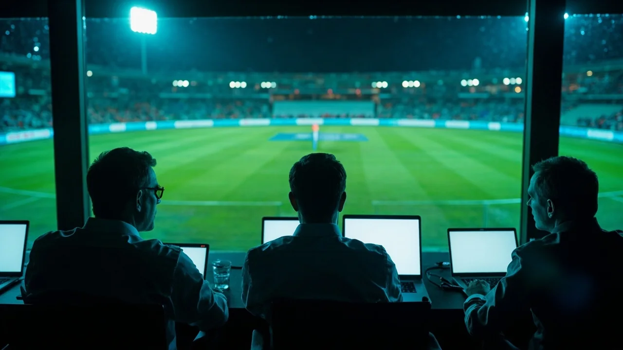 A broadcast press box overlooking a cricket ground with reporters at laptops.