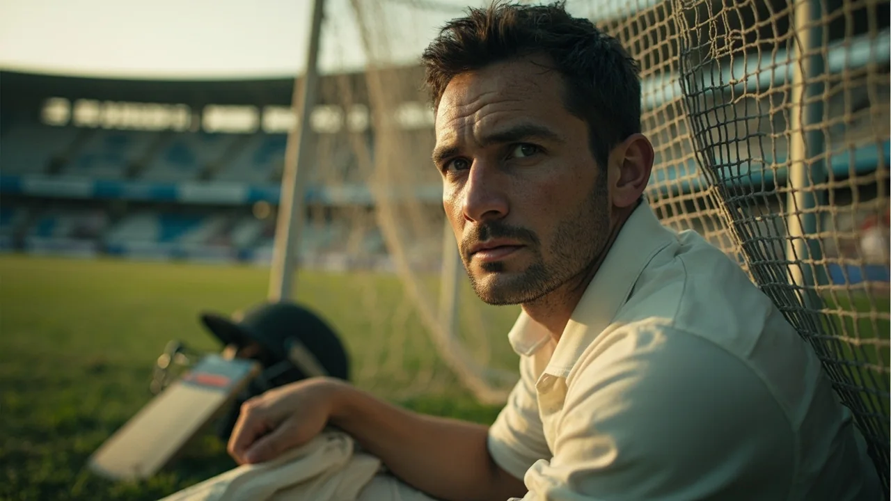 A player at a cricket net session watched by coaching staff.