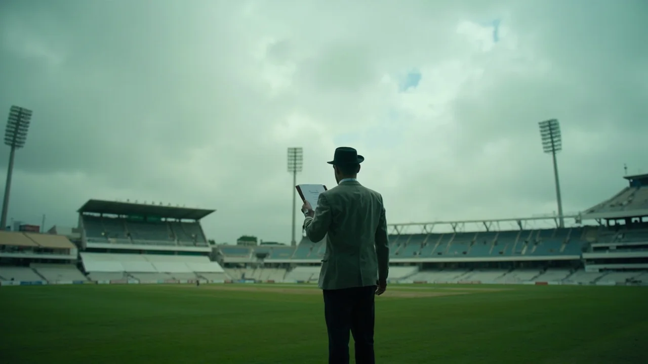 An analyst checking a weather reading at a cricket ground under cloud cover.