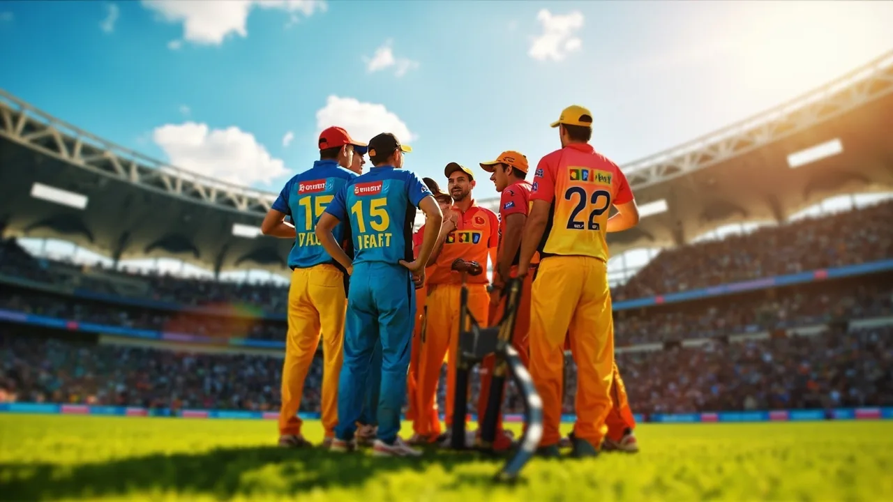 A cricket team gathered in a pre-match huddle on the outfield.