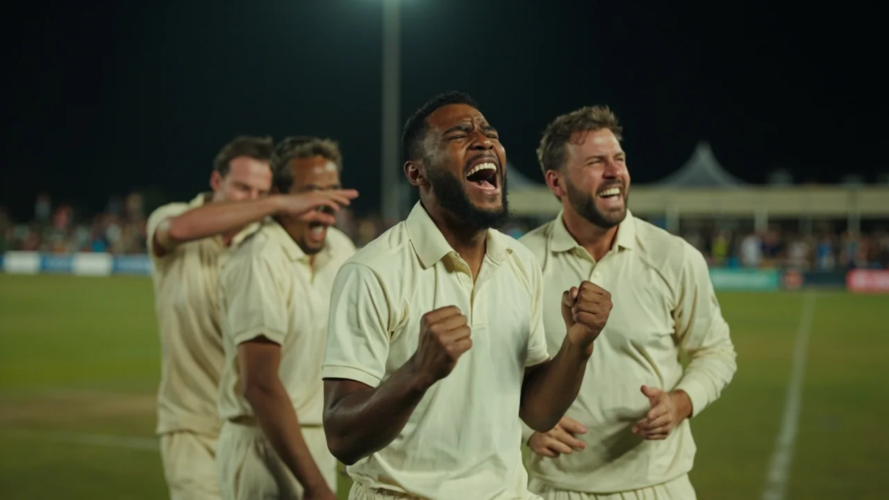 A post-match team celebration in the middle of a floodlit cricket ground.