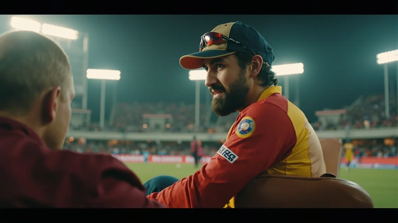 A wide editorial frame of an IPL venue at dusk with the square under floodlights and the broadcast screen showing the toss result.