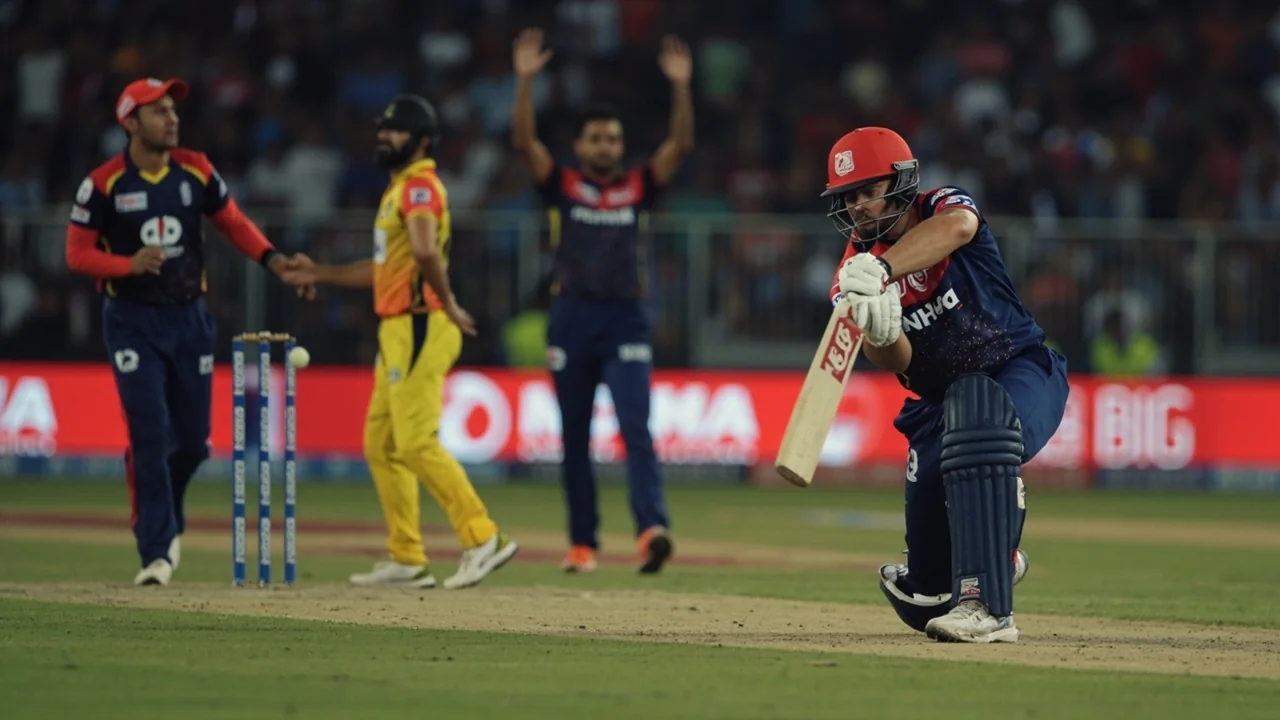 An evening IPL setting showing the field layout and bowling-camp interaction, used here as the visual anchor for the institutional-asset read.
